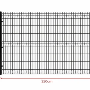 Wytrzymałe ogrodzenie panelowe 3D 153x250 o grubości drutu 4 mm w kolorze antracytowym. Widoczne 3 przetłoczenia wzmacniające.
