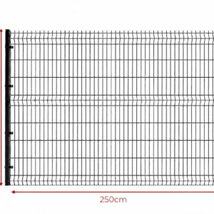 Ekstremalnie sztywne ogrodzenie panelowe 3D 173x250 fi 5mm w kolorze antracytowym, zbliżenie na potrójne przetłoczenie i gruby drut.