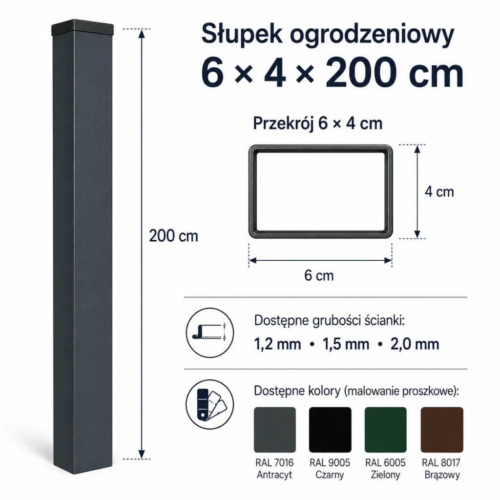 Słupek ogrodzeniowy 6 × 4 × 200 cm, przekrój 6 × 4 cm, grubości ścianek i kolory RAL